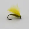 Yellow dry-fly fishing lure with a bright hackle atop a dark curved hook, used to imitate insects on the water surface.