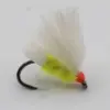 White feather-winged fishing fly with neon yellow body and orange bead on a black hook, close-up for anglers
