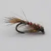 A close-up of a fishing fly with brown hackle and red ribbing tied to a curved hook, used as bait for trout fishing.