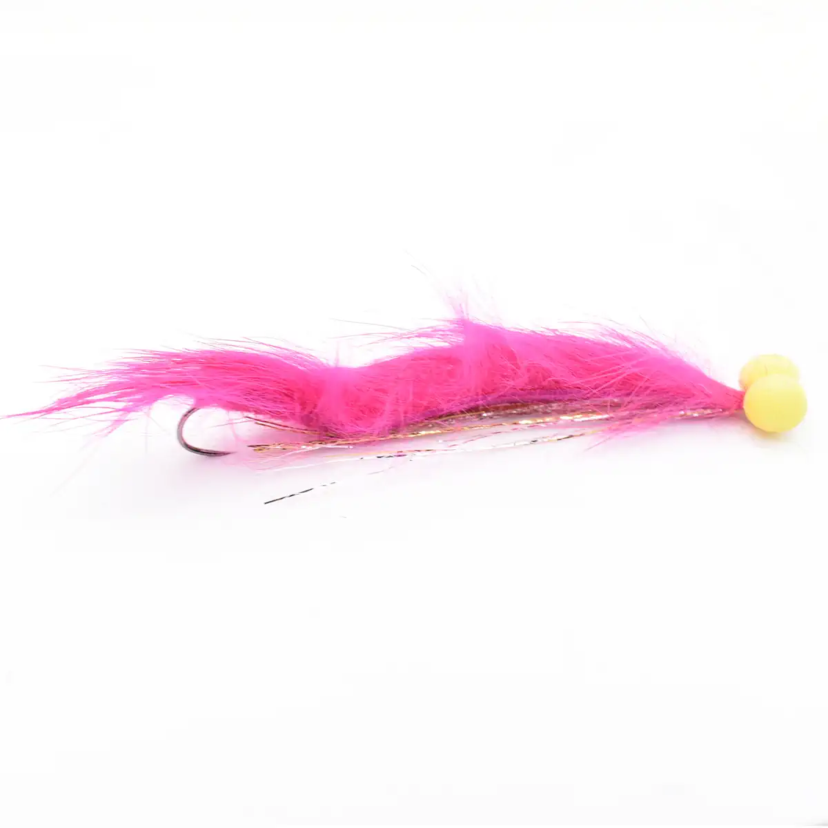 Pink feather fishing fly with a yellow bead head and metal hook, used for freshwater trout fishing.