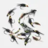 Collection of colorful fishing flies with beads and feather tails laid on a white background, used for fly fishing