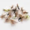 Assorted fluffy fishing flies with brown hackle and colorful bodies on a white background.