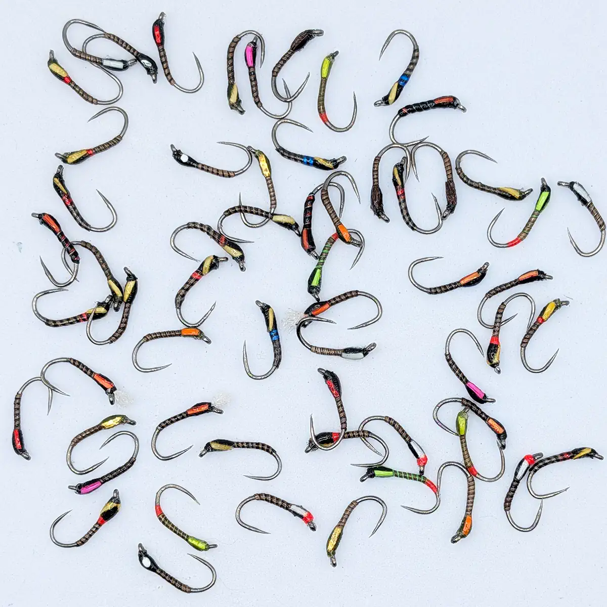 60 Size 12 Quilled Buzzers Tied on Titan Barbless Hooks