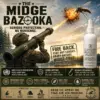 Soldier in camo fires a launcher at a giant mosquito, advertising The Midge Bazooka insect repellent.