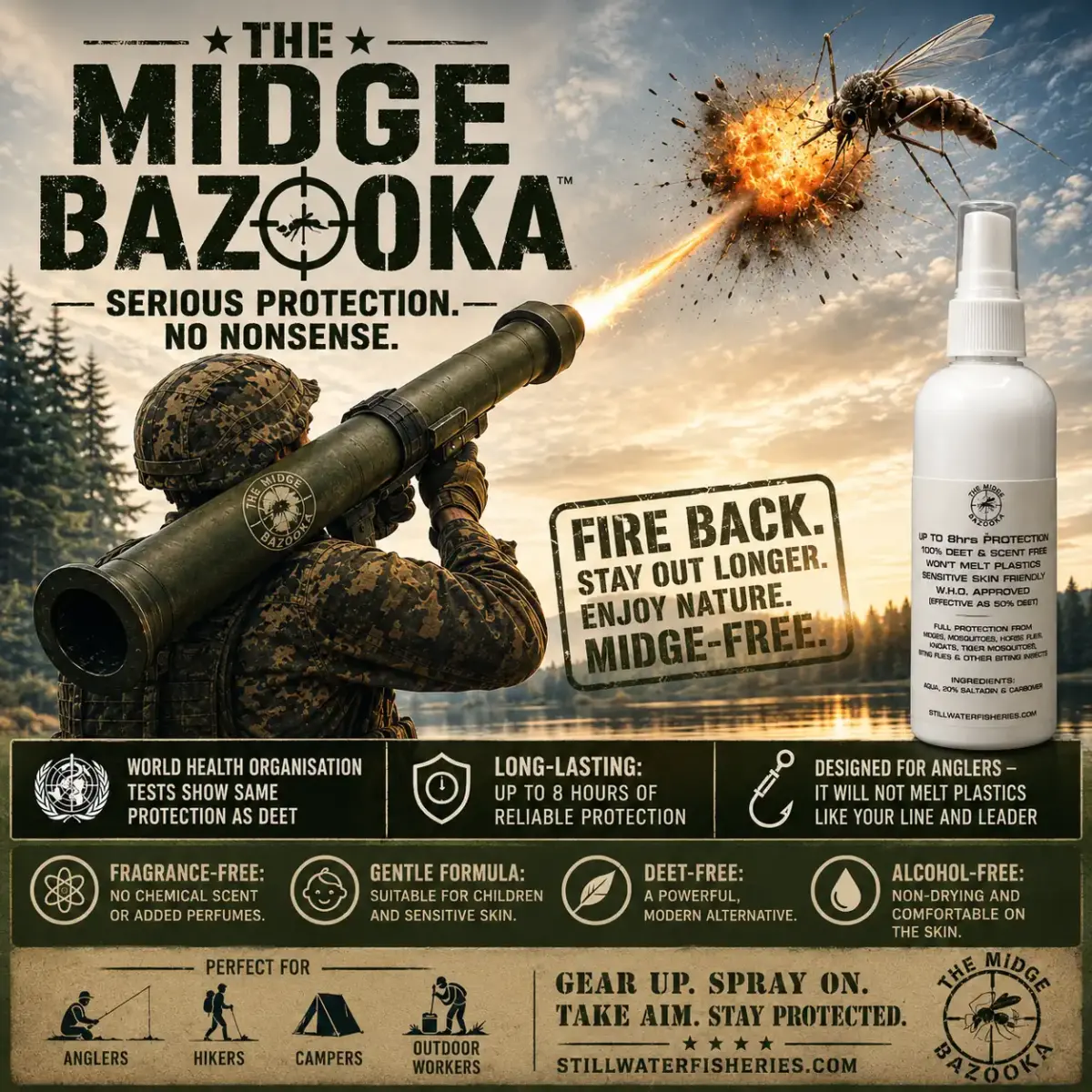 Soldier in camo fires a launcher at a giant mosquito, advertising The Midge Bazooka insect repellent.