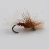 Brown dry-fly fishing lure with fluffy brown hackle tied to a curved hook.