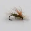 Fishing fly lure with an olive body and orange fuzzy hackle wrapped around a curved hook.