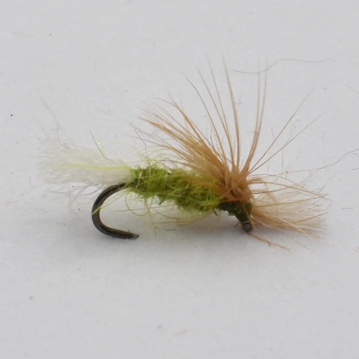 Green and brown fishing fly with fluffy hackle tied on a curved hook used for fly fishing gear.