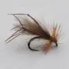 A brown, hairy fishing fly tied on a curved hook, used as a lure for fly fishing