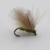 Dry fly fishing lure with tan feather hackle tied to a curved hook on a white background.