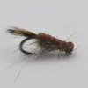 Close-up of a bead-headed fly fishing lure with an orange segmented body and brown hackle feathers.