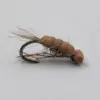 Tan segmented fishing fly nymph tied on a curved hook with natural fibers and thread wraps.