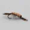 Artificial fishing fly with a peach-colored segmented body and brown hackle wrapped around a hooked shaft.