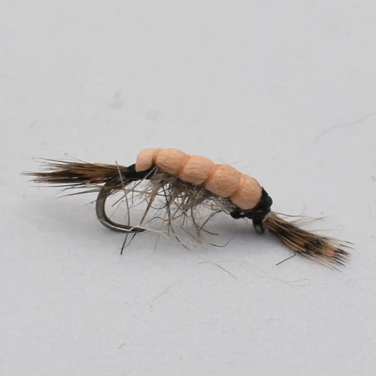 Artificial fishing fly with a peach-colored segmented body and brown hackle wrapped around a hooked shaft.