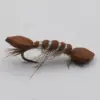 Brown bead-headed fishing lure with fur tail and white thread wraps around a hooked shaft (bead nymph style).
