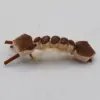 Close-up of a beige segmented worm-like model with brown tips, skewered between two thin sticks.
