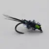 Blue-purple marabou streamer fishing fly with a bright green bead head on a curved hook, used as bait for rod-and-line fishing.