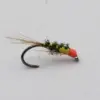 Close-up of a fishing fly lure with an olive-green body, orange head, and wispy tail on a curved hook.