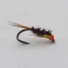 Close-up of a fishing fly lure with a curved metal hook, brown tail feathers, black fuzzy body with purple beads, and a yellow body with a red head.