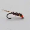 Close-up of a fly fishing lure: curved hook with a black fuzzy body, pink bead accents, orange tail, and a red head external to the eyepoint.