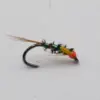 Colorful fishing fly lure with a black hook, green body, yellow bead, and orange head and tail feathers to attract fish.