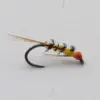 Close-up of a colorful fishing fly lure with an orange-yellow body and black hackle on a curved hook.