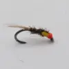 Artificial fishing fly lure: black hook wrapped in hairy brown body with orange head and yellow neck, used for fly fishing