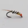 Close-up of a small fishing fly: curved hook with an orange bead head, yellow body wrap, black hackle, and a long tan tail.