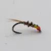 A colorful fishing fly attached to a curved metal hook, with bright green, red, and gold strands and a wispy tan tail.