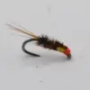 A fishing fly with a dark, fuzzy body, orange head, and long beige tail feathers on a curved hook (tied lure).