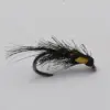 Black, feathered fishing fly with wispy tails and yellow-taped head, used for trout fishing