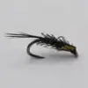 Dry fishing fly lure with black feather hackle and yellow abdomen on a curved hook, isolated on white background