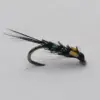 Close-up of a black fishing fly with long hair-like tail fibers, turquoise beads, and a yellow bead near the head on a curved hook.