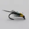 Fly fishing lure with a black feathered body, yellow legs/wings, and a green bead head on a curved hook intent for trout fishing
