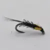 Fly fishing lure with a dark feathered body and yellow segment on a curved hook