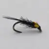 A metallic fishing hook tied with black feathers and a yellow band, used as a streamer fly for fly fishing