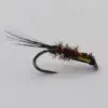 Bead-headed fishing fly with red and black body and long black tail feathers on a curved hook (fly fishing lure).