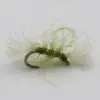 Green-haired fishing lure tied to a curved hook, used for fly fishing.