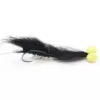 Fly fishing lure with a black hair body and two yellow beads at the tail, mounted on a curved hook