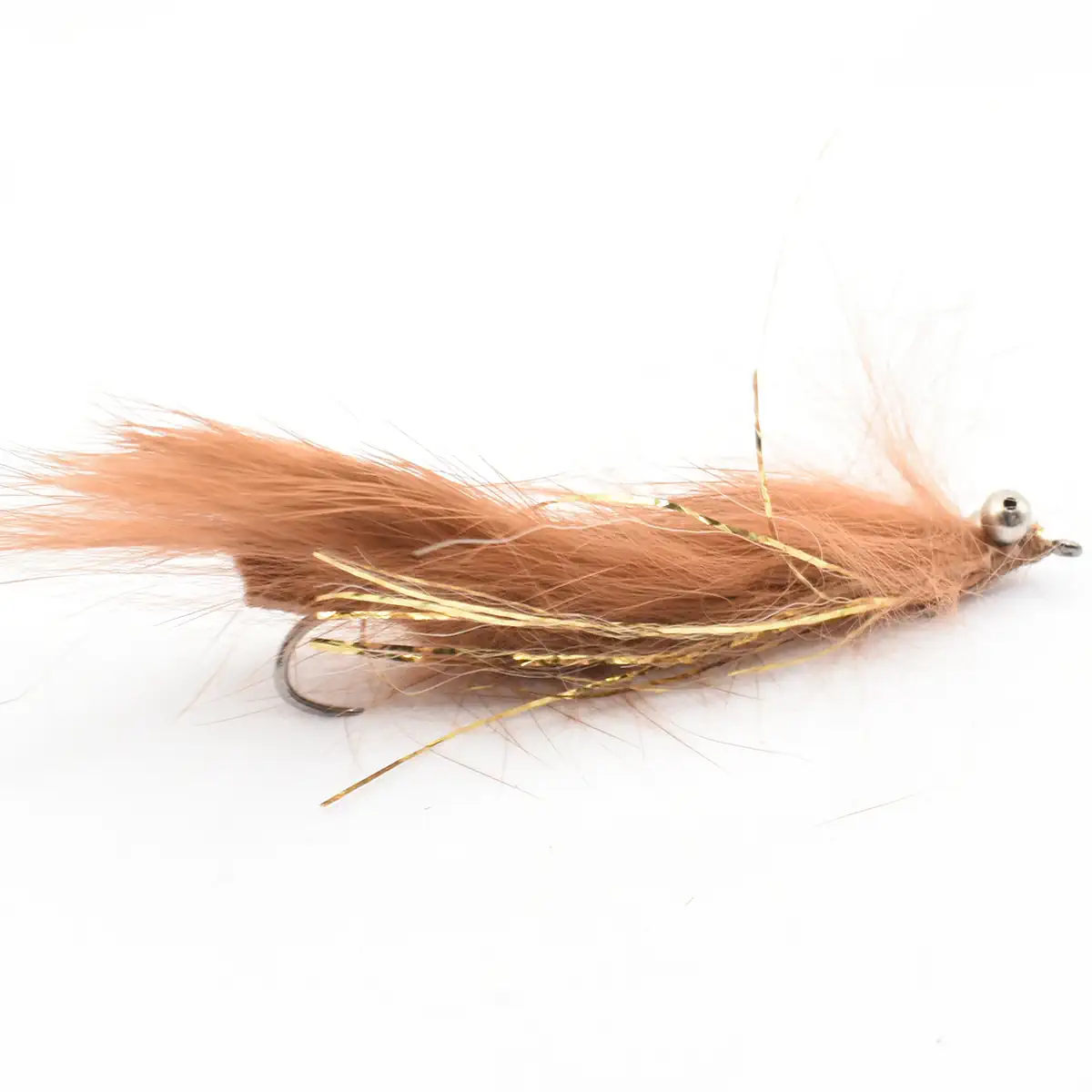 Brown fly fishing lure with tan fur hackle, gold tinsel, and a bead head on a hooked shank—the kind used for trout fishing