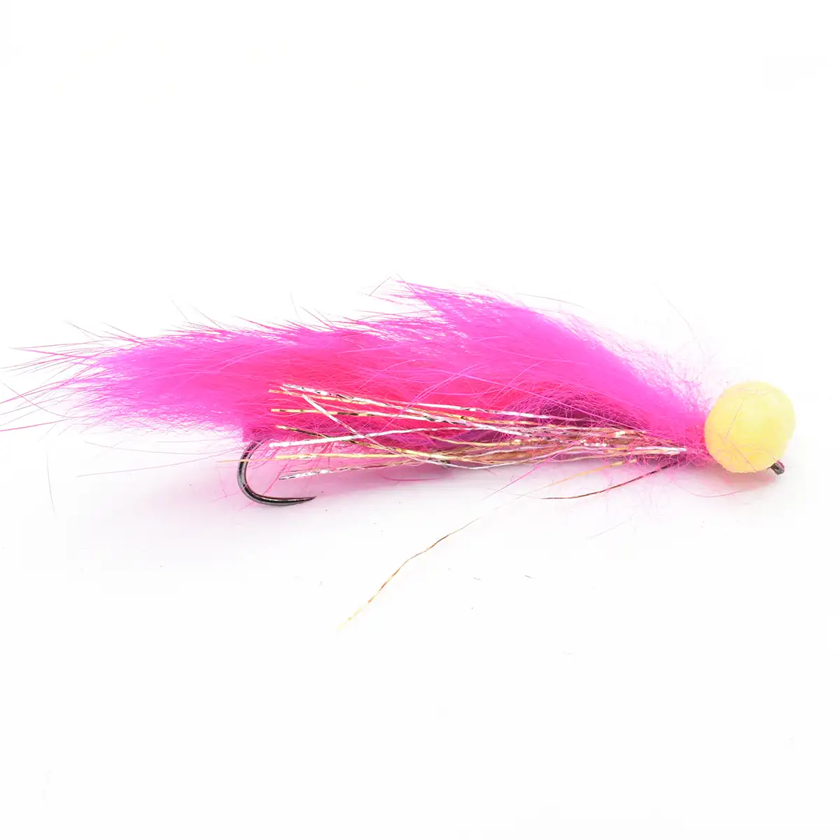 Pink fluffy fishing lure with a yellow bead, used for fly fishing (feathered streamer).