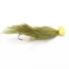 Olive fuzzy streamer fly for fly fishing tied on a small hook with yellow foam accents at the tail end.