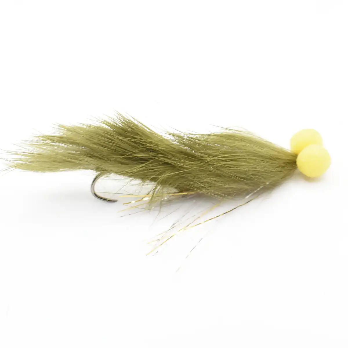 Olive fuzzy streamer fly for fly fishing tied on a small hook with yellow foam accents at the tail end.