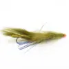 Olive-green fishing fly lure with fur body, blue spike fibers, and an orange bead head.