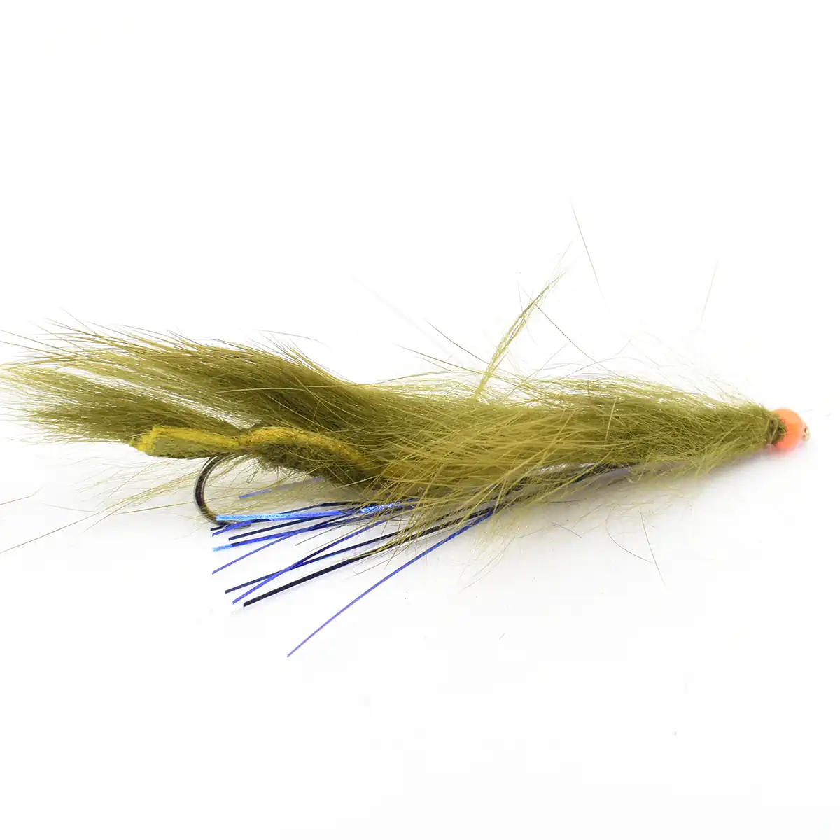 Olive-green fishing fly lure with fur body, blue spike fibers, and an orange bead head.