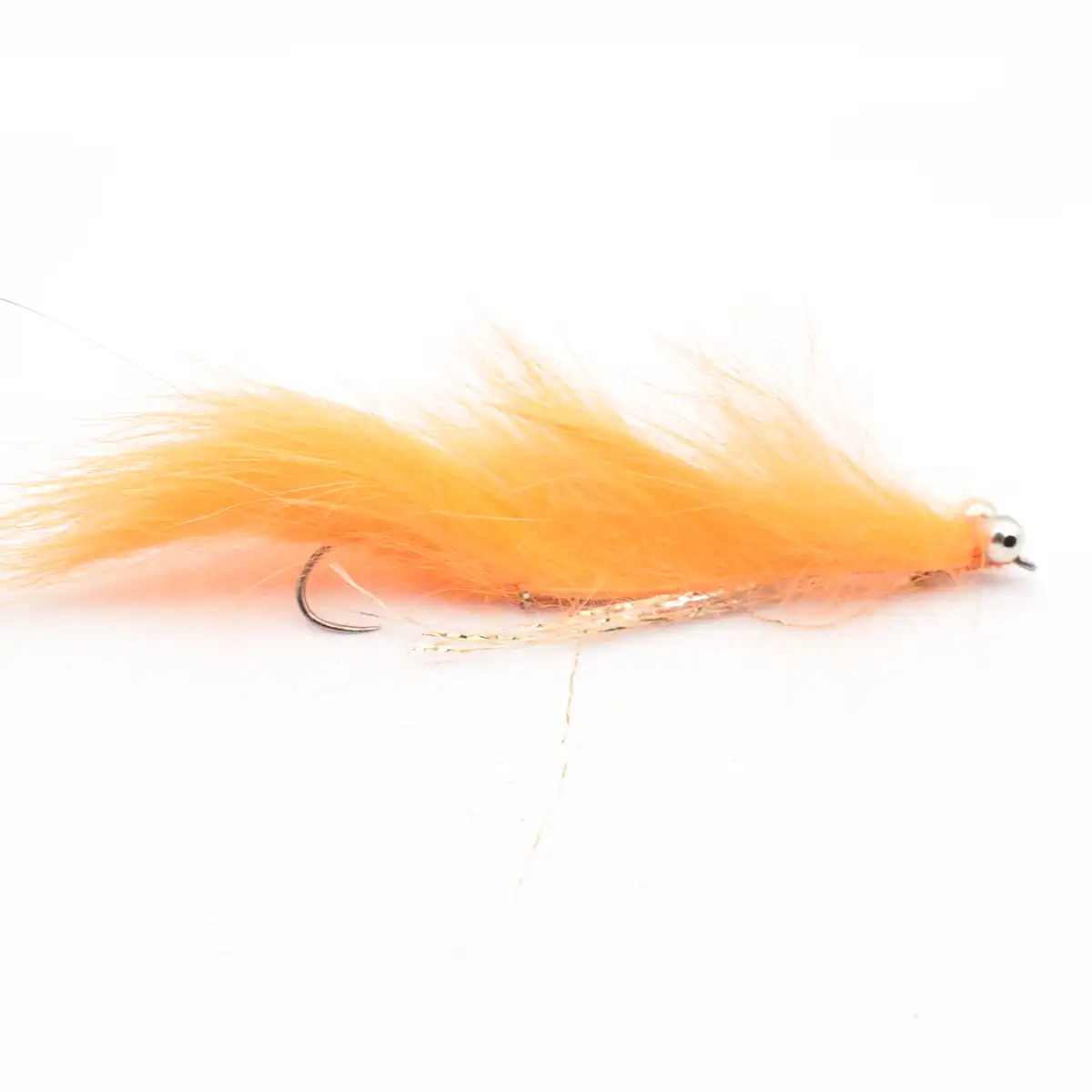 Orange feather streamer fishing fly with a curved hook and bead-eye head used in fly fishing