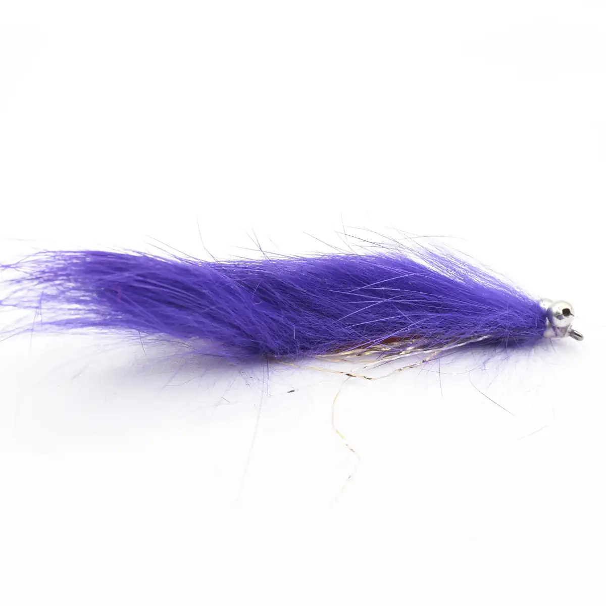 Purple fluffy fishing lure with a bead head, used to attract fish.