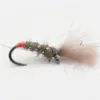 Fishing fly lure with a curved hook, brown fur body, bright orange head section, iridescent green beads, and tan wispy tail; used for fly fishing
