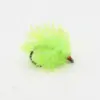 Bright neon green fishing fly with fluffy tinsel and exposed hook, used as a lure for freshwater fishing