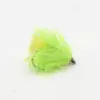Fluorescent lime green marabou fishing fly with a small hook visible at the end.